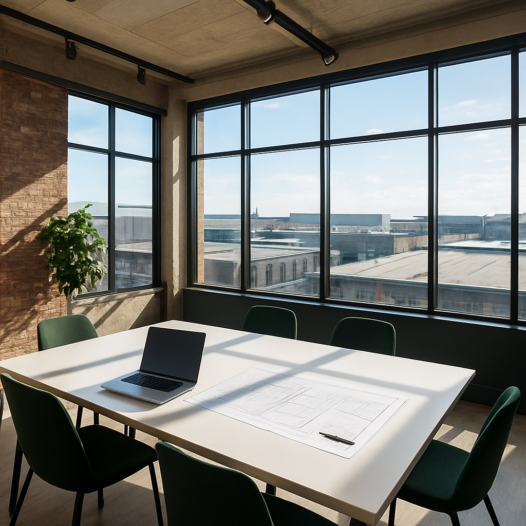 Bright meeting space inside a refurbished building at FLUX Projects