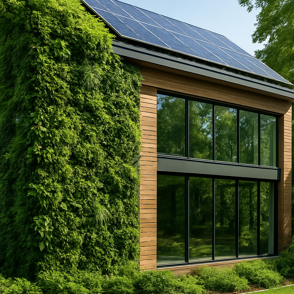 Sustainable green building with living wall and solar panels